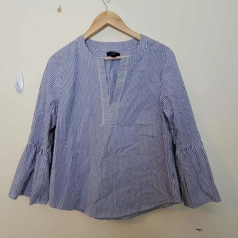 J. Crew Striped Bell Sleeve Popover Blue & Whiye V neck Blouse Size 6